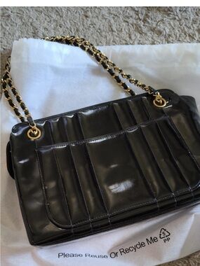 CHANEL Classic Mademoiselle Black Patent Leather Quilted Chain-Handle Bag